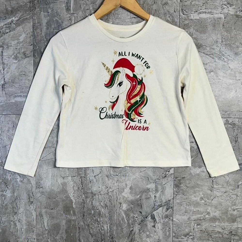 White Christmas long sleeve top‎ with unicorn design Kids Large 10-12  #kidcore